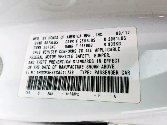 1HGCP3F86CA041739 - 2012 HONDA ACCORD EXL WHITE photo 10