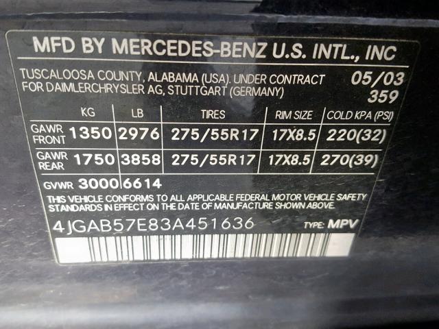 4JGAB57E83A451636 - 2003 MERCEDES-BENZ ML 350 BLUE photo 10