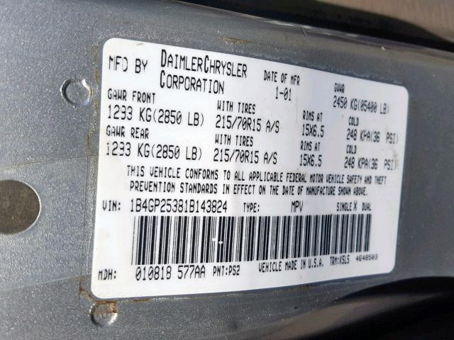 1B4GP25381B143824 - 2001 DODGE CARAVAN SE GRAY photo 10