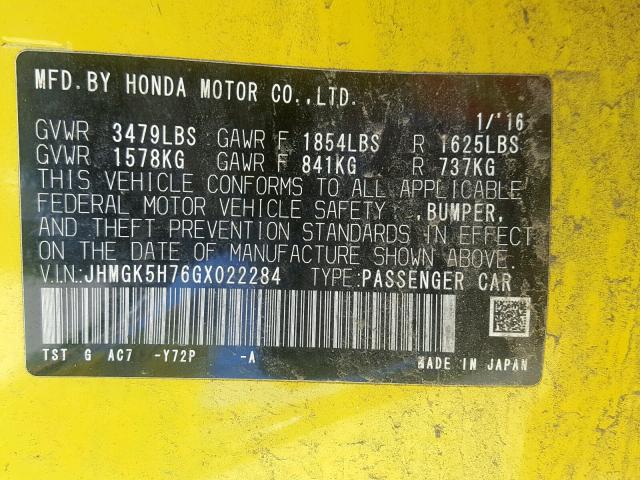 JHMGK5H76GX022284 - 2016 HONDA FIT EX YELLOW photo 10