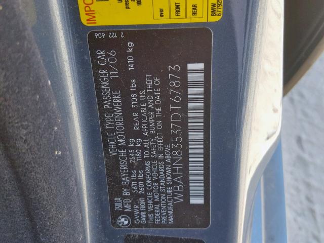 WBAHN83537DT67873 - 2007 BMW 750 BLUE photo 10