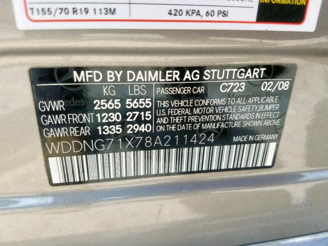 WDDNG71X78A211424 - 2008 MERCEDES-BENZ S 550 GRAY photo 10