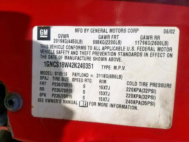 1GNCS18W42K240351 - 2002 CHEVROLET BLAZER RED photo 10