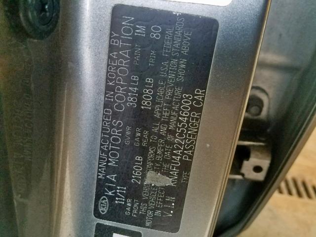 KNAFU4A22C5546003 - 2012 KIA FORTE EX GRAY photo 10