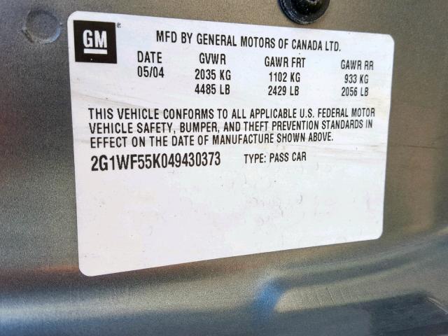 2G1WF55K049430373 - 2004 CHEVROLET IMPALA CHARCOAL photo 10