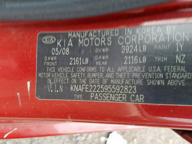 KNAFE222595592823 - 2009 KIA SPECTRA EX RED photo 10