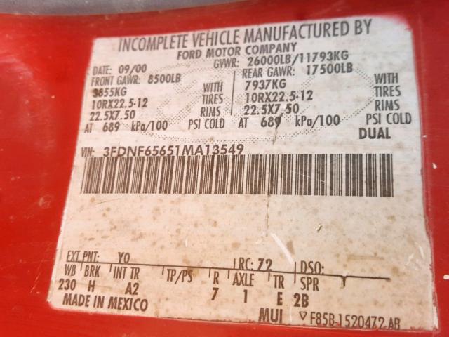 3FDNF65651MA13549 - 2001 FORD F650 SUPER RED photo 10