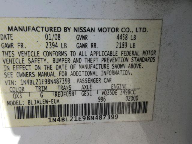 1N4BL21E98N487399 - 2008 NISSAN ALTIMA 3.5 WHITE photo 10