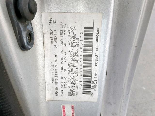 4A3AC44G71E065472 - 2001 MITSUBISHI ECLIPSE GS SILVER photo 10