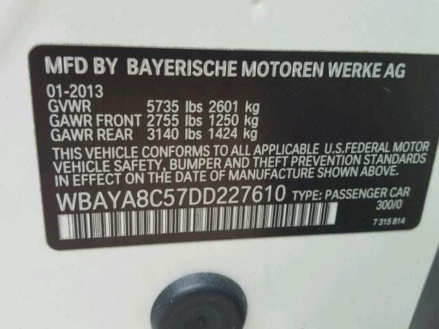 WBAYA8C57DD227610 - 2013 BMW 750I WHITE photo 10