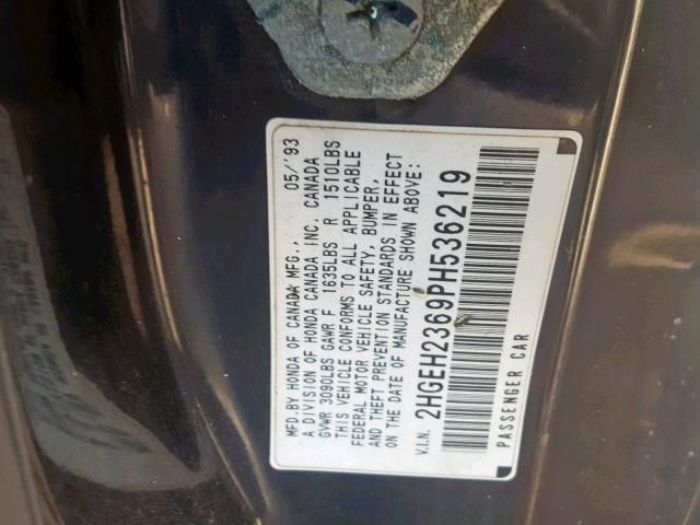 2HGEH2369PH536219 - 1993 HONDA CIVIC DX BLACK photo 10