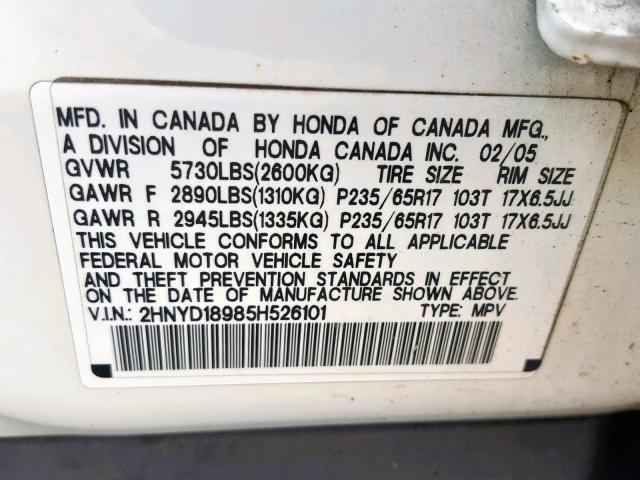 2HNYD18985H526101 - 2005 ACURA MDX TOURIN WHITE photo 10