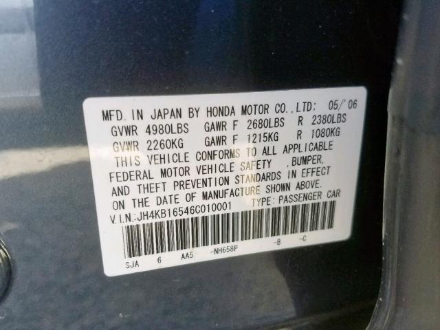 JH4KB16546C010001 - 2006 ACURA RL BLUE photo 10