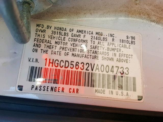 1HGCD5632VA004733 - 1997 HONDA ACCORD LX WHITE photo 10