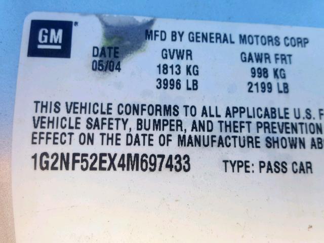 1G2NF52EX4M697433 - 2004 PONTIAC GRAND AM S SILVER photo 10