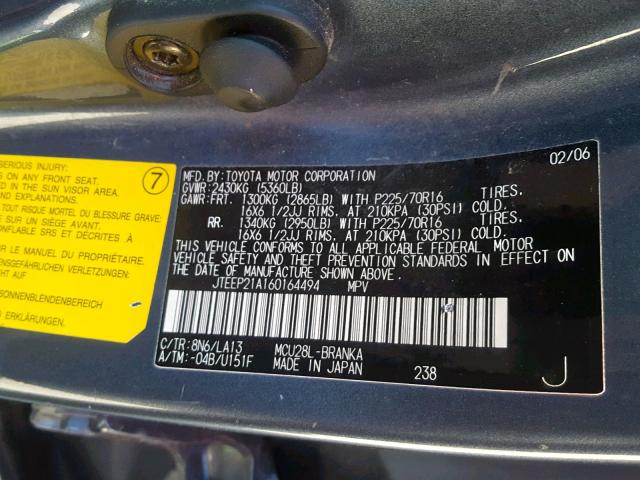 JTEEP21A160164494 - 2006 TOYOTA HIGHLANDER GRAY photo 10