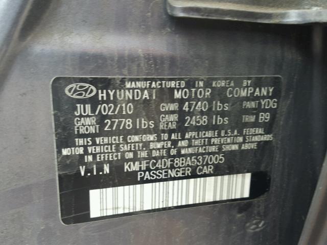 KMHFC4DF8BA537005 - 2011 HYUNDAI AZERA GLS GRAY photo 10