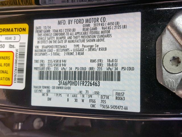 3FA6P0HD1FR226463 - 2015 FORD FUSION SE BLACK photo 10