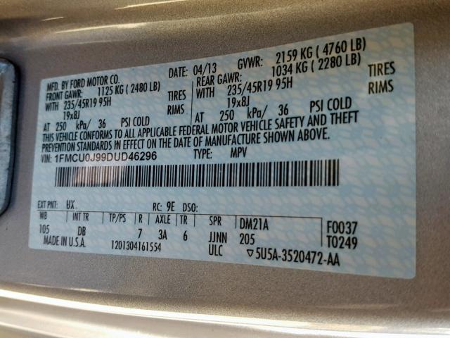 1FMCU0J99DUD46296 - 2013 FORD ESCAPE TIT SILVER photo 10