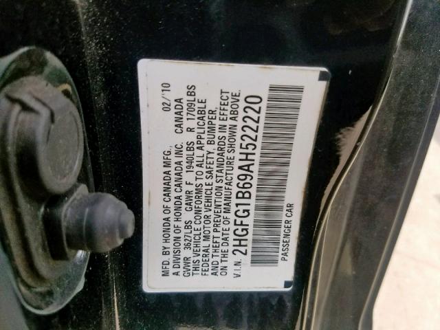 2HGFG1B69AH522220 - 2010 HONDA CIVIC LX BLACK photo 10