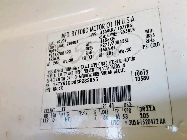 1FTYR10D83PB83855 - 2003 FORD RANGER WHITE photo 10