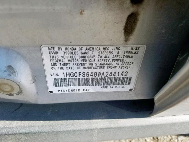 1HGCF8649WA244142 - 1998 HONDA ACCORD DX SILVER photo 10