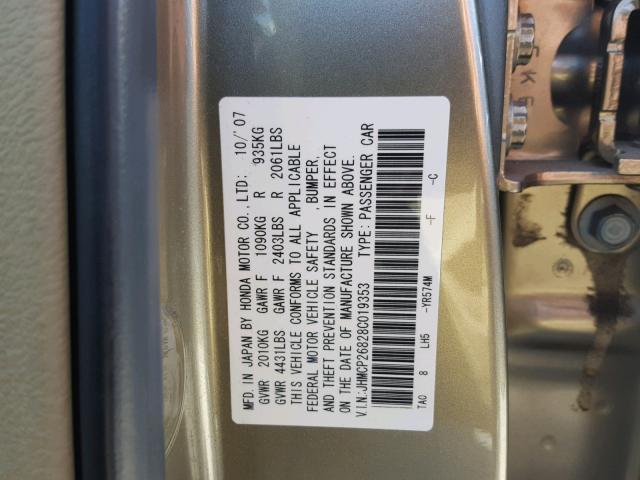 JHMCP26828C019353 - 2008 HONDA ACCORD EXL GOLD photo 10