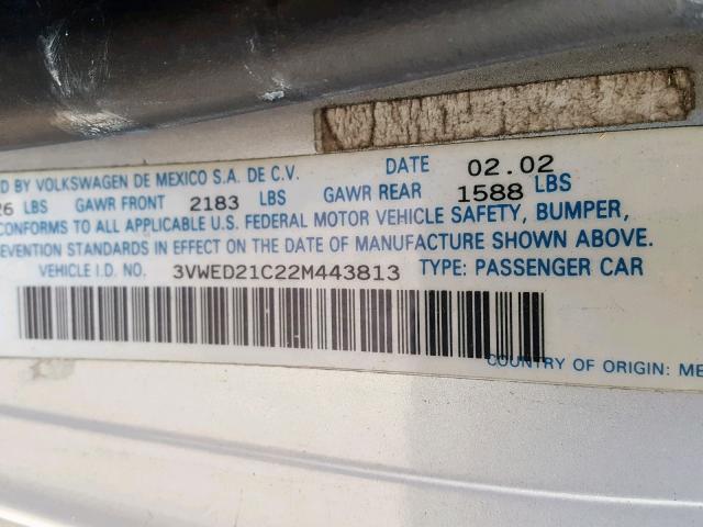 3VWED21C22M443813 - 2002 VOLKSWAGEN NEW BEETLE ვერცხლისფერი ფოტო 10