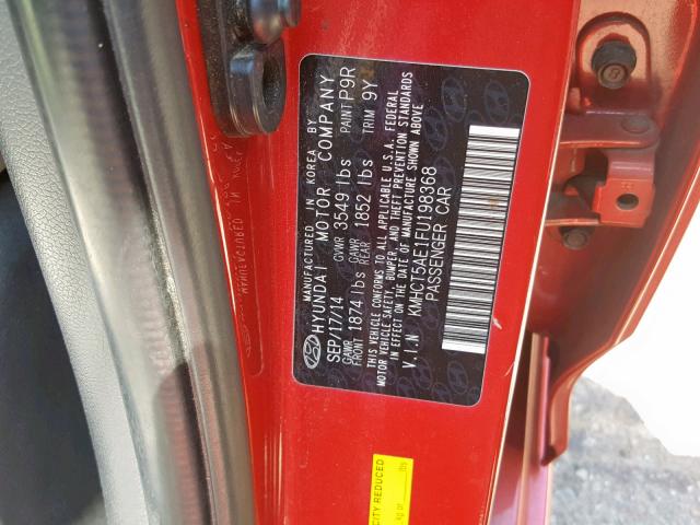 KMHCT5AE1FU198368 - 2015 HYUNDAI ACCENT GS RED photo 10