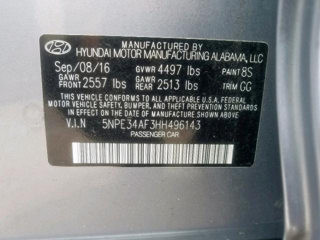 5NPE34AF3HH496143 - 2017 HYUNDAI SONATA SPO GRAY photo 10