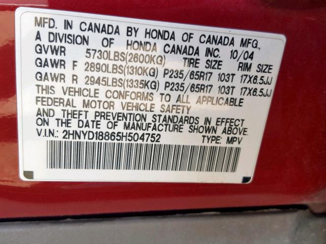 2HNYD18865H504752 - 2005 ACURA MDX TOURIN RED photo 10