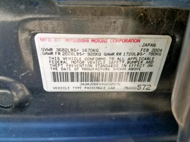 JA3AJ26E94U058976 - 2004 MITSUBISHI LANCER ES CHARCOAL photo 10