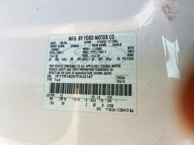 1FTYR14D57PA32147 - 2007 FORD RANGER SUP WHITE photo 10