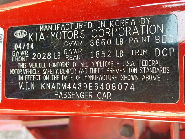 KNADM4A39E6406074 - 2014 KIA RIO LX RED photo 10