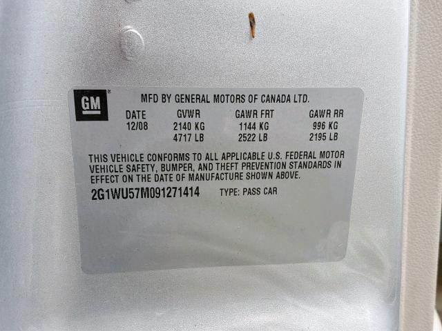 2G1WU57M091271414 - 2009 CHEVROLET IMPALA LTZ SILVER photo 10