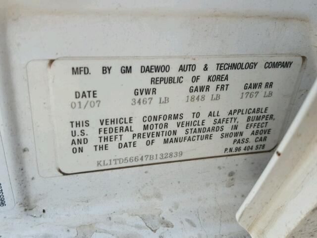 KL1TD56647B132839 - 2007 CHEVROLET AVEO BASE Ağ foto 10