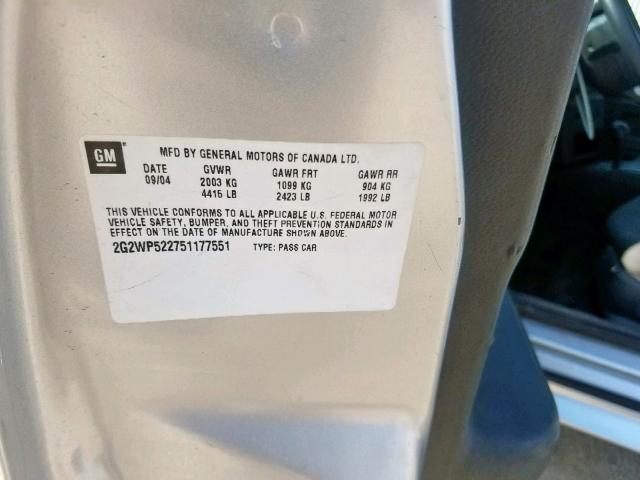 2G2WP522751177551 - 2005 PONTIAC GRAND PRIX SILVER photo 10