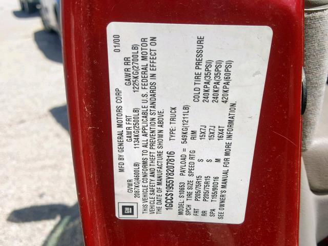 1GCCS1955Y8207816 - 2000 CHEVROLET S TRUCK S1 RED photo 10