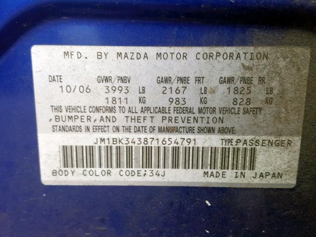 JM1BK343871654791 - 2007 MAZDA 3 HATCHBAC BLUE photo 10