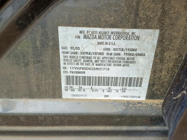 1YVHP80D635M21710 - 2003 MAZDA 6 S GRAY photo 10