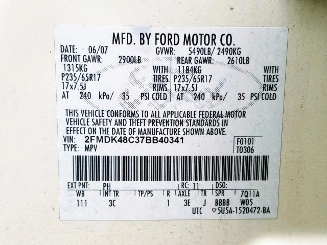 2FMDK48C37BB40341 - 2007 FORD EDGE SEL CREAM photo 10