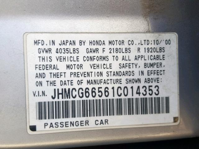 JHMCG66561C014353 - 2001 HONDA ACCORD LX SILVER photo 10