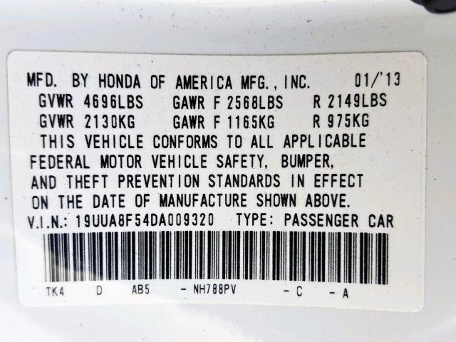 19UUA8F54DA009320 - 2013 ACURA TL TECH WHITE photo 10