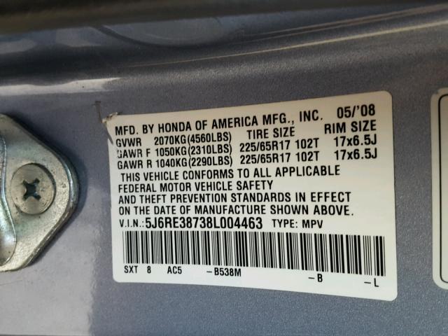 5J6RE38738L004463 - 2008 HONDA CR-V EXL SILVER photo 10