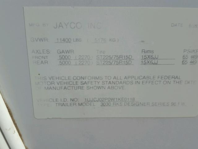 1UJCJ02P0W1KE0118 - 1998 JAYCO 5TH WHEEL WHITE photo 10