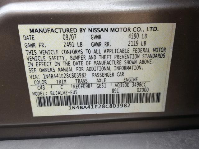 1N4BA41E28C803982 - 2008 NISSAN MAXIMA SE BEIGE photo 10