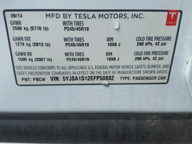 5YJSA1S12EFP50882 - 2014 TESLA MODEL S თეთრი ფოტო 10