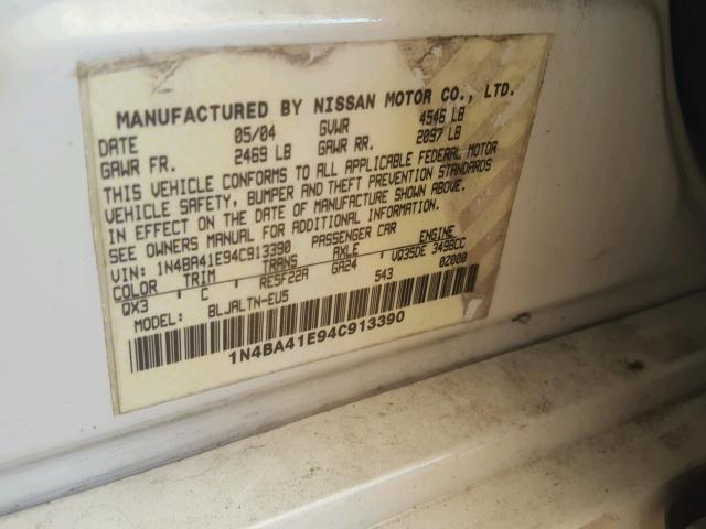 1N4BA41E94C913390 - 2004 NISSAN MAXIMA SE WHITE photo 10