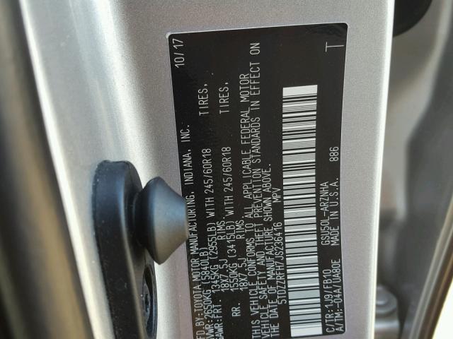 5TDZZRFH7JS236416 - 2018 TOYOTA HIGHLANDER SILVER photo 10