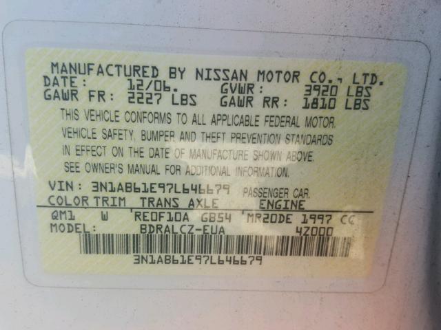 3N1AB61E97L646679 - 2007 NISSAN SENTRA 2.0 WHITE photo 10